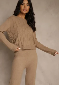 Ciemnobeżowy Dzianinowy Komplet z Wełną Spodnie Wide Leg i Sweter Cropped Nezera