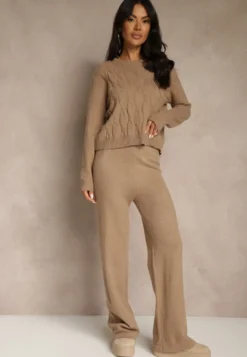Ciemnobeżowy Dzianinowy Komplet z Wełną Spodnie Wide Leg i Sweter Cropped Nezera