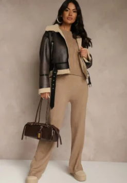 Ciemnobeżowy Dzianinowy Komplet z Wełną Spodnie Wide Leg i Sweter Cropped Nezera