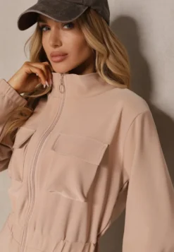 Ciemnobeżowy Kombinezon w Stylu Utility Taliowany Liarael