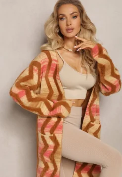 Ciemnobeżowy Luźny Kardigan Niezapinany w Geometryczny Print Sheshy