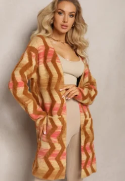 Ciemnobeżowy Luźny Kardigan Niezapinany w Geometryczny Print Sheshy
