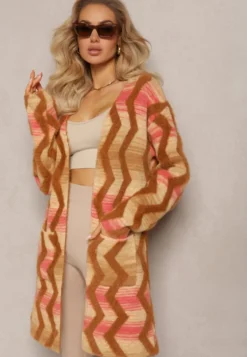 Ciemnobeżowy Luźny Kardigan Niezapinany w Geometryczny Print Sheshy