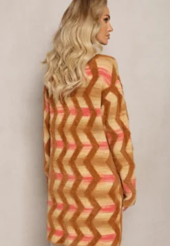 Ciemnobeżowy Luźny Kardigan Niezapinany w Geometryczny Print Sheshy