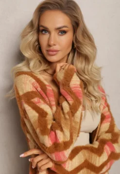 Ciemnobeżowy Luźny Kardigan Niezapinany w Geometryczny Print Sheshy