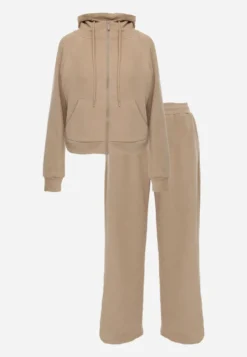 Ciemnobeżowy Polarowy Komplet Dresowy z Rozpinaną Bluzą z Kapturem i Spodniami Miriamina
