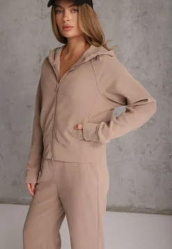 Ciemnobeżowy Prążkowany Komplet Dresowy Bluza z Kapturem i Spodnie Wide Leg Jateia