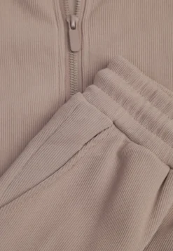 Ciemnobeżowy Prążkowany Komplet Dresowy Bluza z Kapturem i Spodnie Wide Leg Jateia