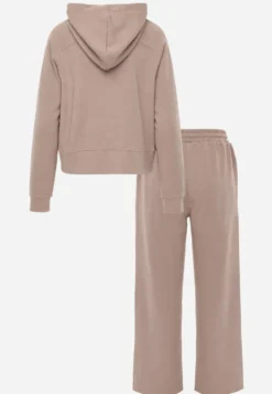Ciemnobeżowy Prążkowany Komplet Dresowy Bluza z Kapturem i Spodnie Wide Leg Jateia