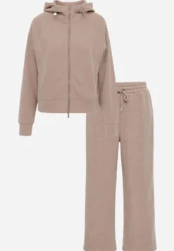 Ciemnobeżowy Prążkowany Komplet Dresowy Bluza z Kapturem i Spodnie Wide Leg Jateia