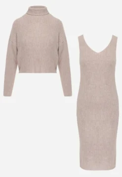 Ciemnobeżowy Prążkowany Komplet z Dzianiny z Wełną i Bawełną Golf i Sukienka Bodycon Mirrela