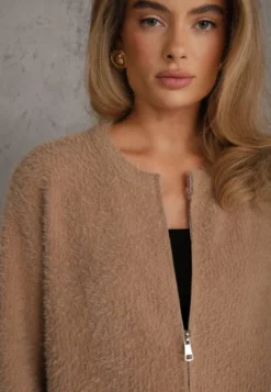 Ciemnobeżowy Puszysty Kardigan na Suwak z Dzianiny z Efektem Fluffy z Wełną i Bawełną Selimena
