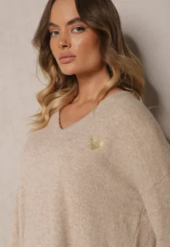 Ciemnobeżowy Sweter z Wełną i Dekoltem w Serek Ziviola