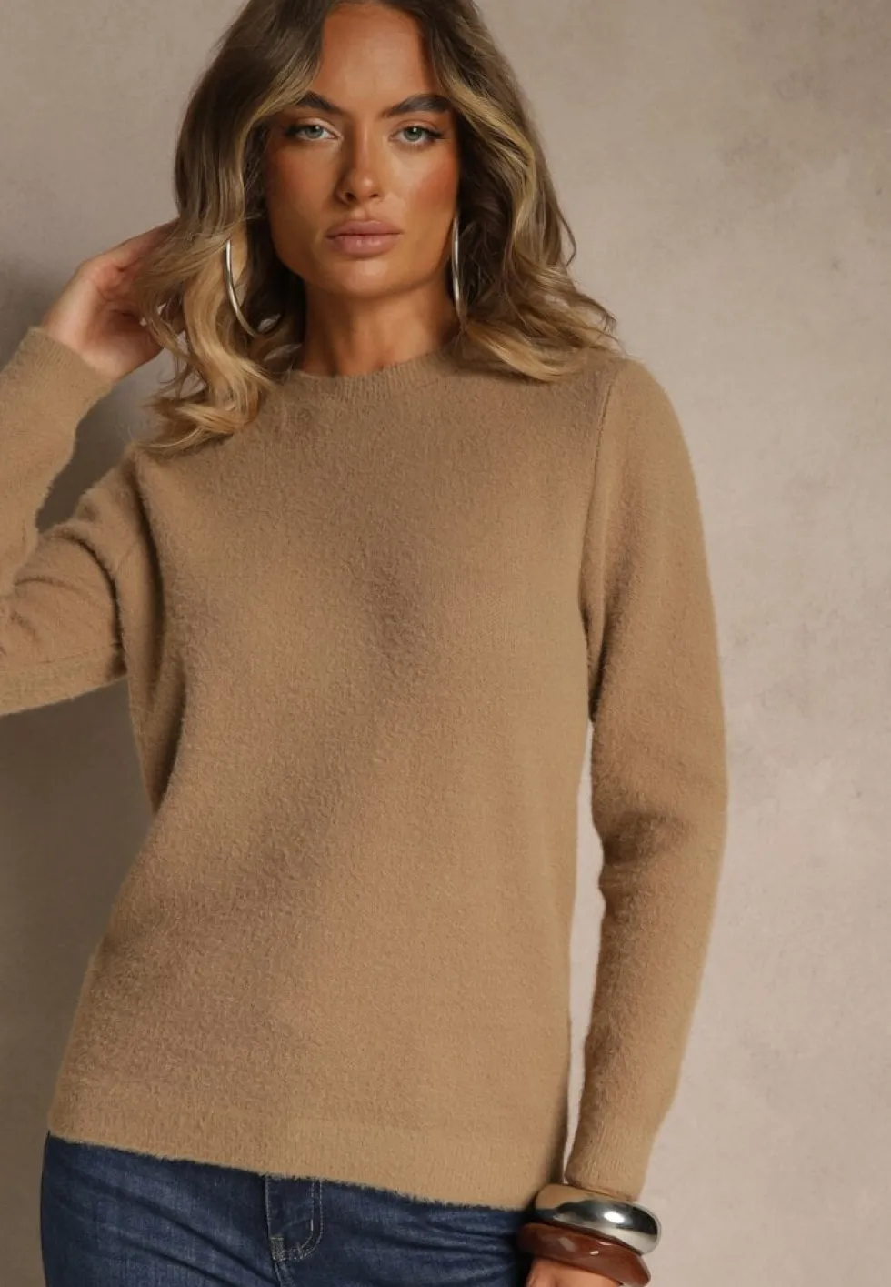 Ciemnobeżowy Sweter z Wełną ze Ściągaczami Furrive