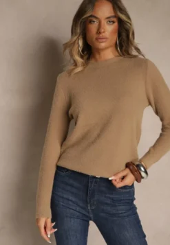 Ciemnobeżowy Sweter z Wełną ze Ściągaczami Furrive