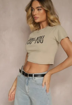 Ciemnobeżowy T-shirt z Bawełny Ozdobiony Łańcuchem i Napisem Olithel