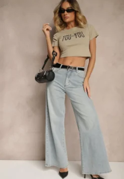 Ciemnobeżowy T-shirt z Bawełny Ozdobiony Łańcuchem i Napisem Olithel