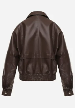 Ciemnobrązowa Kurtka Przejściowa Ramoneska w Stylu Bomber Jacket z Kołnierzykiem Rajvia