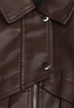 Ciemnobrązowa Kurtka Przejściowa Ramoneska w Stylu Bomber Jacket z Kołnierzykiem Rajvia