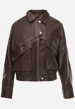 Ciemnobrązowa Kurtka Przejściowa Ramoneska w Stylu Bomber Jacket z Kołnierzykiem Rajvia