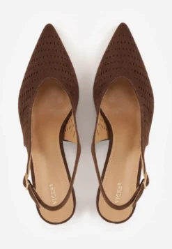 Ciemnobrązowe Czółenka Slingback VICES na Kaczuszce z Ażurową Cholewką Klephei