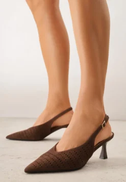 Ciemnobrązowe Czółenka Slingback VICES na Kaczuszce z Ażurową Cholewką Klephei