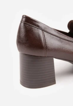 Ciemnobrązowe Półbuty VICES w Stylu Mokasynów na Słupkowym Obcasie z Wkładką ze Skóry Naturalnej Ilati