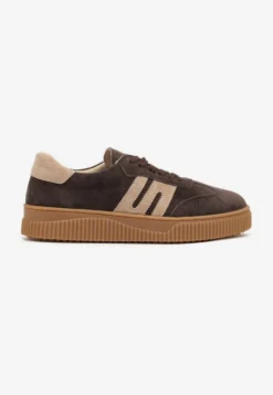 Ciemnobrązowe Skórzane Sneakersy w Stylu Tenisówek z Geometrycznym Wzorem Halossea