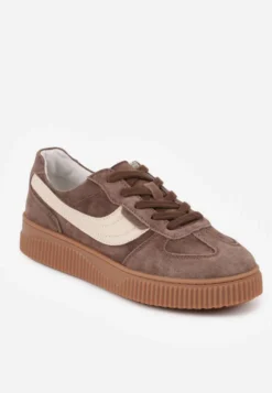 Ciemnobrązowe Sneakersy Kultowe Tenisówki z Zamszu Naturalnego ze Skórzaną Wkładką Rionae