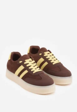 Ciemnobrązowe Sneakersy na Platformie w Stylu Tenisówek Ozdobione Paskami Ladia