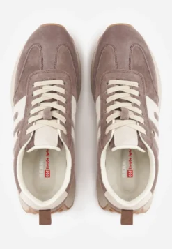 Ciemnobrązowe Sneakersy Skórzane w Stylu Sportowym z Ozdobnymi Wstawkami i Przeszyciami Evlinna