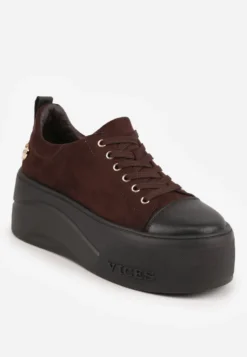 Ciemnobrązowe Sneakersy VICES na Platformie z Metaliczną Aplikacją i Napisem Beli