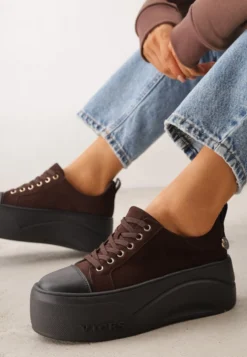 Ciemnobrązowe Sneakersy VICES na Platformie z Metaliczną Aplikacją i Napisem Beli