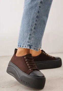 Ciemnobrązowe Sneakersy VICES na Platformie z Metaliczną Aplikacją i Napisem Beli