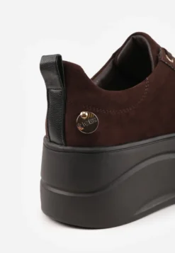 Ciemnobrązowe Sneakersy VICES na Platformie z Metaliczną Aplikacją i Napisem Beli