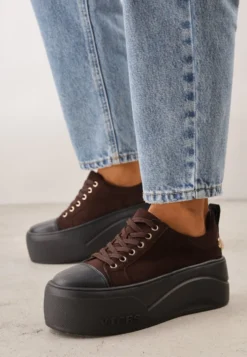 Ciemnobrązowe Sneakersy VICES na Platformie z Metaliczną Aplikacją i Napisem Beli