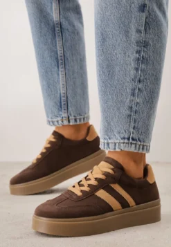 Ciemnobrązowe Sneakersy VICES Typu Tenisówki na Platformie z Paskami po Bokach Zidilla