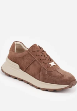 Ciemnobrązowe Sneakersy z Zamszu Naturalnego na Platformie z Bieżnikiem Eplia