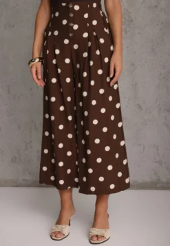 Ciemnobrązowe Spodnie Casual Culottes w Groszki z Dużą Zawartością Wiskozy Thelialla