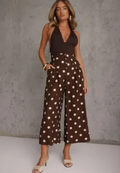 Ciemnobrązowe Spodnie Casual Culottes w Groszki z Dużą Zawartością Wiskozy Thelialla