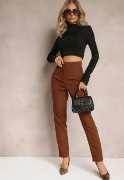 Ciemnobrązowe Spodnie Cygaretki High Waist Molfi
