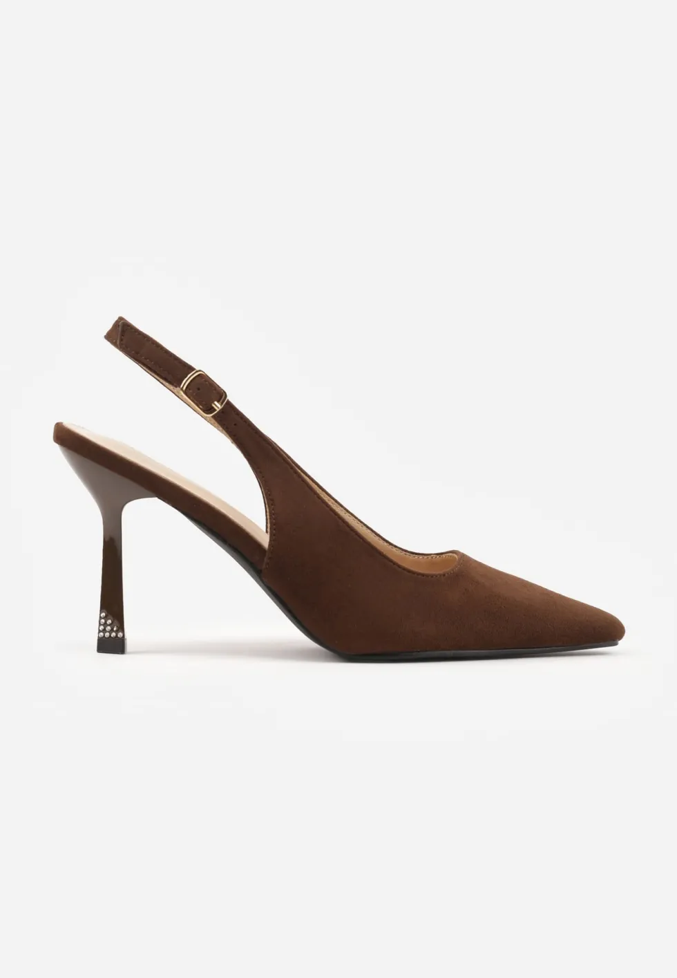 Ciemnobrązowe Szpilki VICES Slingback Ozdobione Cyrkoniami na Obcasie Laodele