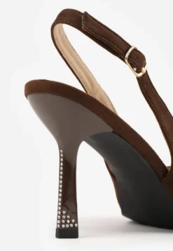 Ciemnobrązowe Szpilki VICES Slingback Ozdobione Cyrkoniami na Obcasie Laodele