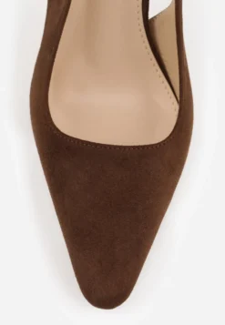 Ciemnobrązowe Szpilki VICES Slingback Ozdobione Cyrkoniami na Obcasie Laodele