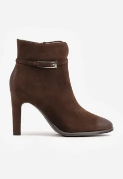 Ciemnobrązowe Zamszowe Botki na Szpilce z Klamrą i Efektem Vintage Wash Roelina