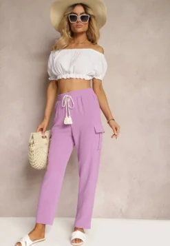 Ciemnofioletowe Spodnie High Waist o Kroju Bojówek z Kieszeniami Wykończone Gumką w Pasie Efiene