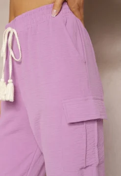 Ciemnofioletowe Spodnie High Waist o Kroju Bojówek z Kieszeniami Wykończone Gumką w Pasie Efiene