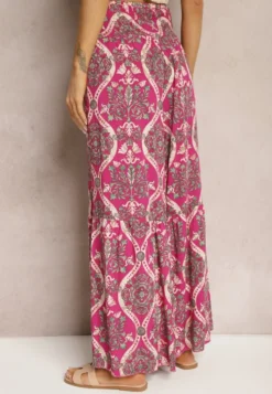 Ciemnofioletowe Spodnie Szerokie z Wiskozy w Ornamentalny Wzór High Waist Cramelia