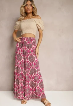 Ciemnofioletowe Spodnie Szerokie z Wiskozy w Ornamentalny Wzór High Waist Cramelia