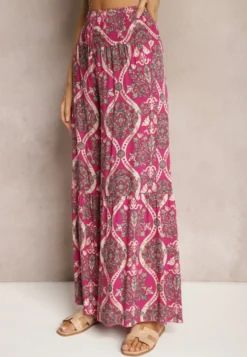Ciemnofioletowe Spodnie Szerokie z Wiskozy w Ornamentalny Wzór High Waist Cramelia